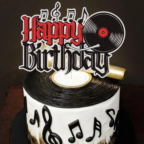 Vista 4 de Decoración para tarta de cumpleaños con purpurina negra y roja, disco de vinilo retro Rock and Roll, decoración de pastel de música, disco de CD