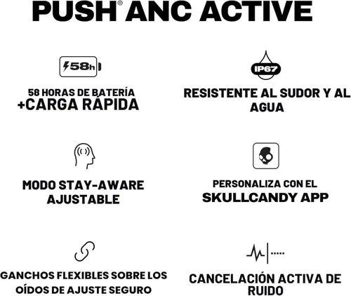 Vista 10 de Skullcandy Push ANC - Auriculares inalámbricos activos con cancelación de ruido, auriculares Bluetooth, cancelación de ruido, 58 horas de batería