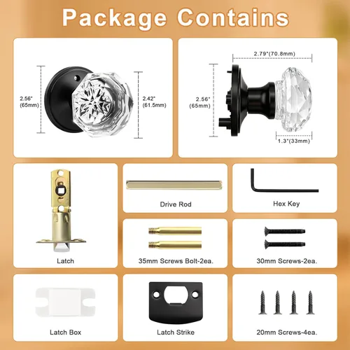 Vista 7 de Gobrico Pomo de puerta de cristal para dormitorio y baño con roseta clásica negro mate, diamante transparente octogonal para puerta interior, 1