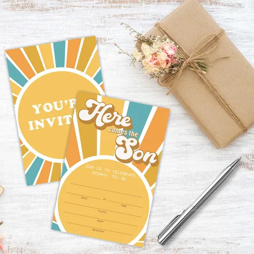Vista 3 de Here Comes The Sun - Tarjetas de invitación para baby shower, 25 invitaciones para baby shower con sobres, rellenas tarjetas de invitación de doble