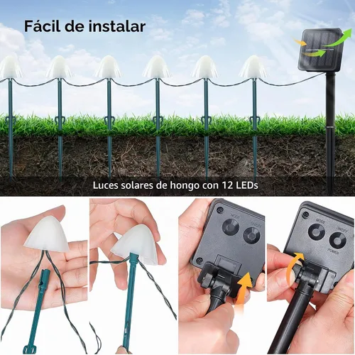 Vista 5 de Juego de 12 luces solares de jardín de hongos, 2 modos de 14.5 pies, funciona con energía solar, luces nocturnas de hongos, impermeables