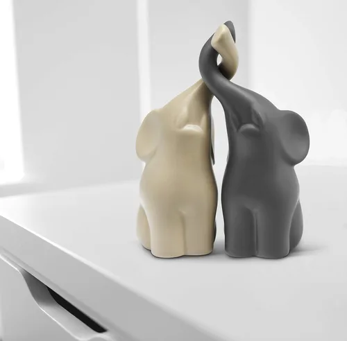 Vista 2 de Loving Pair of Elephants in Beige & Grey - Modern Ceramic Sculpture - Figurine as a Set - Decoration Figure 6.3" high - Ornament Elephant in Love