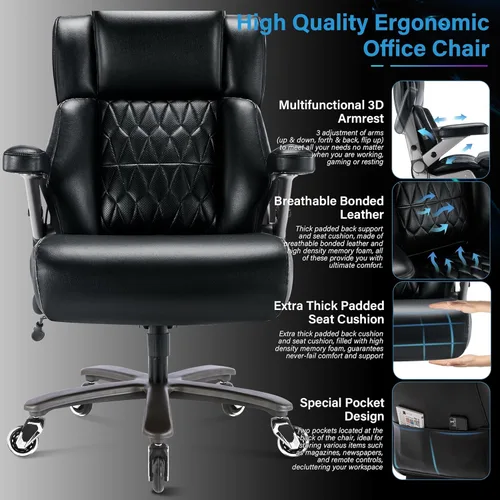 Vista 3 de Silla de oficina grande y alta de 700 libras, soporte lumbar ajustable, brazos abatibles 3D, base de metal resistente y ruedas, silla de escritorio