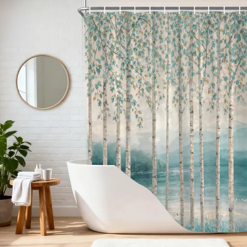 Vista 8 de Wathon Birches of Spring Shower Curtains Forest of Birch Trees Landscape Shower Curtain with Neutral Artistic Hand Drawing, Light Blue Bathroom