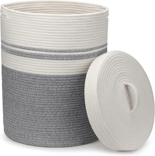 Vista 9 de Cesta de lavandería Goodheim con tapa, cesta de lavandería tejida, cesta de almacenamiento para mantas y juguetes para sala de estar, dormitorio