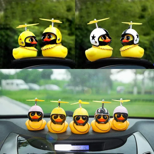 Vista 7 de Adornos de pato de goma para automóvil, 2 piezas de pato amarillo, decoraciones de tablero de automóvil, cuernos de bicicleta de pato con casco