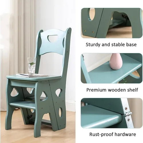 Vista 11 de Silla plegable de madera de 4 escalones con asiento, estante de escalera portátil ligero, taburete multifuncional, soporte de exhibición para Blanco