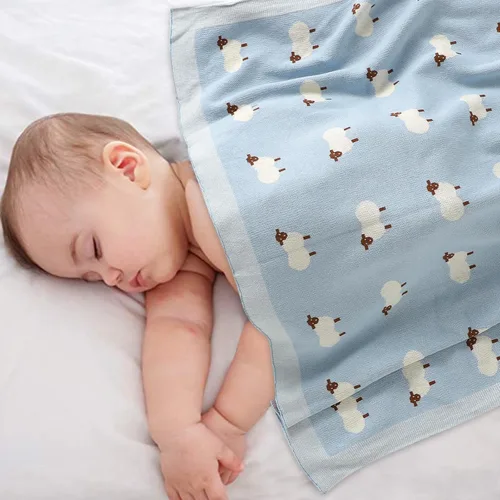 Vista 3 de mimixiong Manta de bebé tejida 100% algodón para niños y niñas con lindas ovejas tamaño 30 x 40 pulgadas, azul