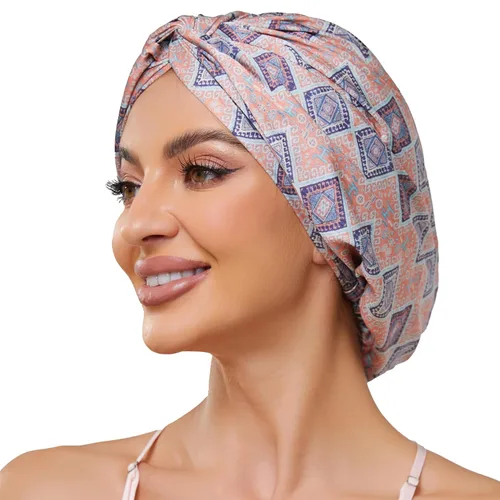 Vista 23 de Gorro de satén de seda ajustable para envolver el cabello para dormir, gorro de dormir de doble capa, turbante nocturno para cabello largo y rizado