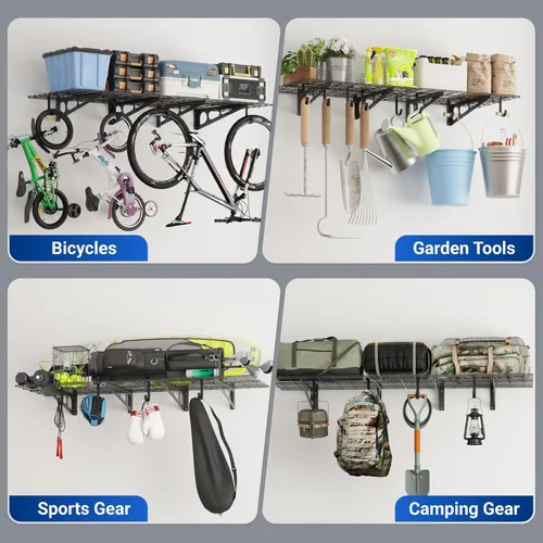 Vista 6 de FLEXIMOUNTS Paquete de 4 Ganchos Planos de Almacenamiento Adicionales Accesorio para Estante de Techo de Garaje y Estantería de Pared, Capacidad