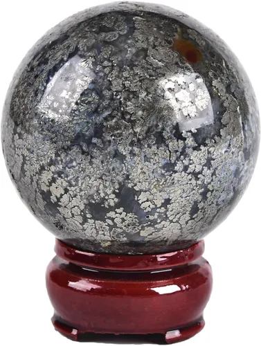 Vista 12 de AMOYSTONE Ágata calcopirita natural, bola de cuarzo simbiótico, esfera mineral de orbe de cristal curativo con base de madera