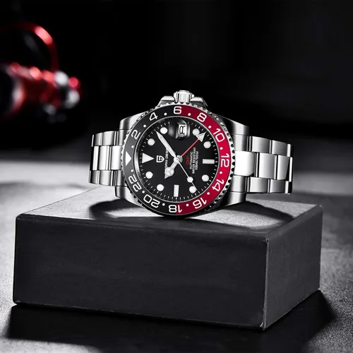 Vista 4 de BY BENYAR Pagani Design GMT - Reloj mecánico de cristal de zafiro de lujo, acero inoxidable de 1.575 pulgadas, resistente al agua, reloj automático