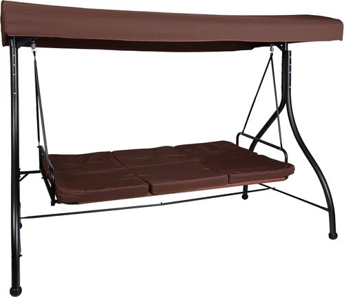 Vista 9 de BizChair Hamaca de toldo de columpio de patio de conversión de acero al aire libre de 3 asientos con cojines/cama de columpio al aire libre (marrón)