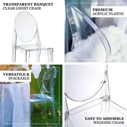 Vista 4 de Efavormart - Paquete de 12 sillas de banquete transparente fantasma sin brazos apilables con respaldo ovalado acrílico, construcción de plástico