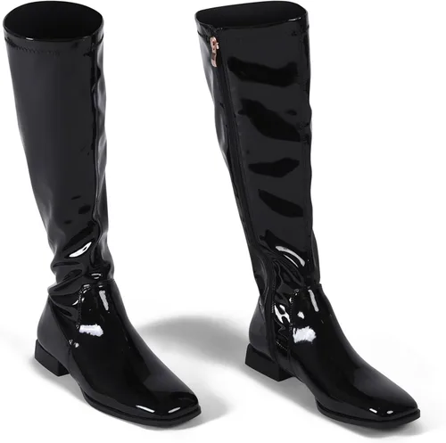 Vista 10 de GENSHUO Botas altas hasta la rodilla para mujer, cómodas botas de tacón plano vintage con punta cuadrada para otoño e invierno, con cremallera