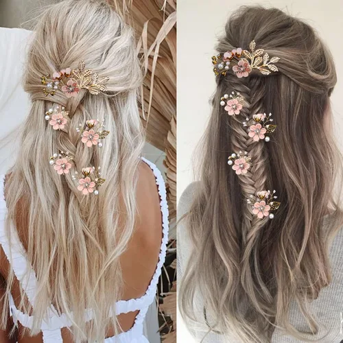Vista 7 de 5 PCS Horquillas de Flores Nupciales para Cabello de Boda con Cristales y Perlas, Clips para Cabello, Tocado Dorado, Accesorios para Cabello