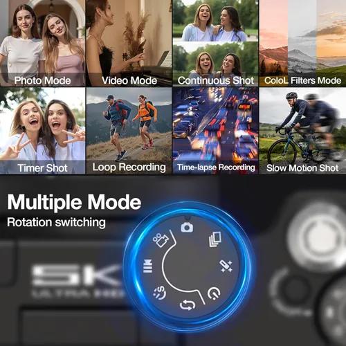 Vista 6 de Cámara digital 5K con WiFi para fotografía, cámara de vlogging de 64MP con pantalla abatible para YouTube, incluye tarjeta SD de 64 GB, trípode, luz