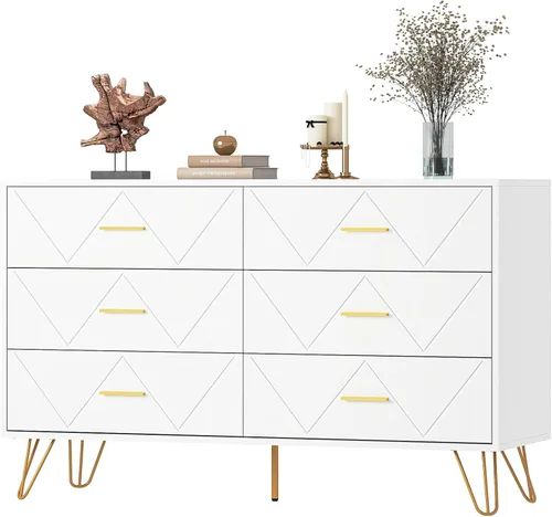 Vista 24 de Cómoda de 7 cajones para dormitorio, color blanco con patas y asas doradas, cómoda de madera, cómoda moderna para sala de estar, pasillo, guardería