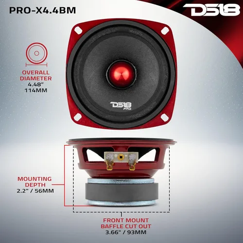 Vista 5 de Altavoz DS18 PRO de rango medio, cúpula en compresión de aluminio roja, altavoces de puerta de audio de alta calidad para auto o camión sistema