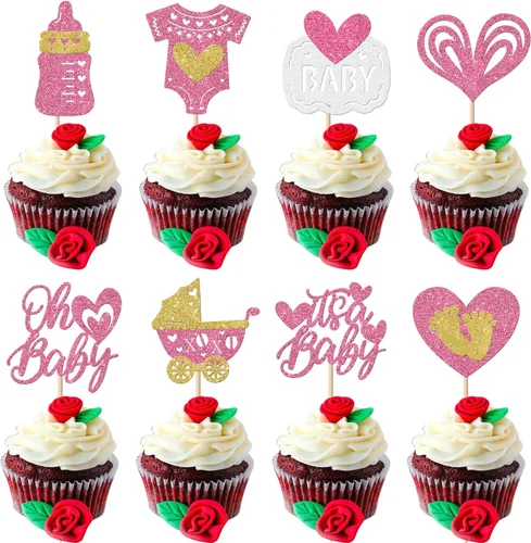 Vista 25 de Paquete de 24 adornos para cupcakes para el día de San Valentín con purpurina de corazón dulce para pies de bebé, decoración de cupcakes para el día