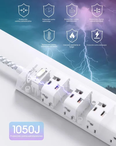 Vista 4 de Regleta protectora de sobretensiones – Cable de extensión de 10 pies, regleta de alimentación con 12 salidas de CA amplias 3 USB, enchufe plano