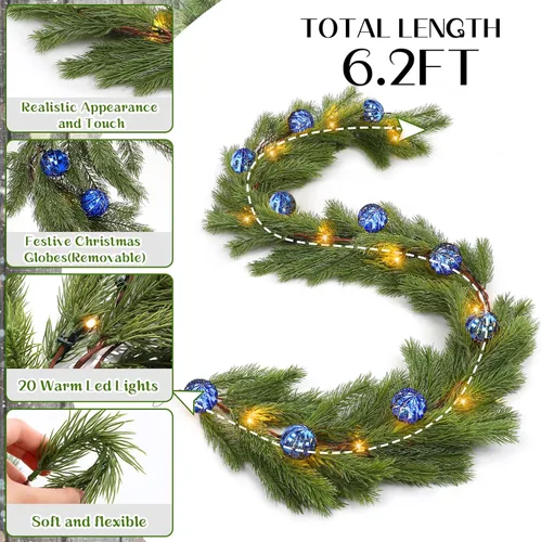 Vista 3 de Ceenna Guirnalda de Cedro de Navidad Preencendida de 6.2 Pies con Luces, Guirnalda de Pino Artificial, Decoraciones Navideñas con Adornos de Bolas
