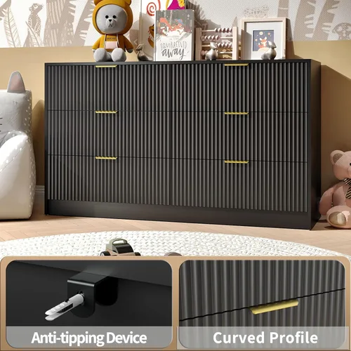 Vista 4 de Cómoda negra con 6 cajones profundos, cómoda acanalada de 55" de ancho para dormitorio con tirador dorado, cómoda moderna para armario, dormitorio