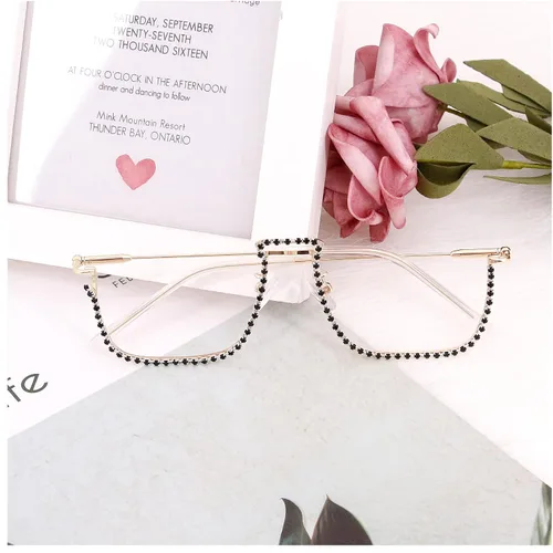 Vista 2 de Naimo Gafas de sol cristalinas brillantes de la mitad del marco de las gafas de sol del Rhinestone Marco de oro con diamantes de imitación