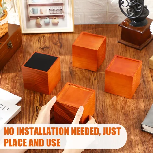Vista 4 de Juego de 4 elevadores de muebles de madera maciza de 4 pulgadas, elevadores cuadrados de sofá resistentes, bloques de madera marrón para marco