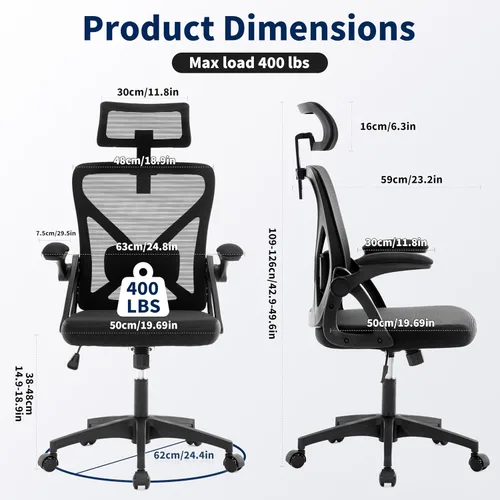 Vista 4 de Silla de Oficina, Silla de Escritorio Ergonómica con Soporte Lumbar Ajustable, Silla de Oficina Gris de 400 Libras Silla de Computadora de Malla