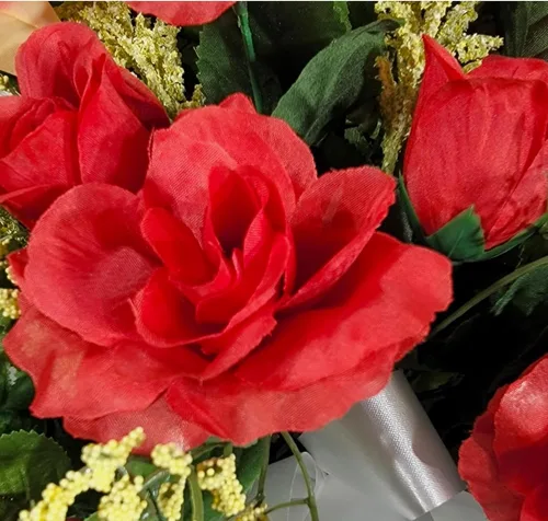 Vista 3 de Realistic Artificial Cemetery Flowers - Silk Faux Floral Red Rose and Calla Lily Bouquet Pair for Grave - 2 Headstone Decorations - Memorial Flowers