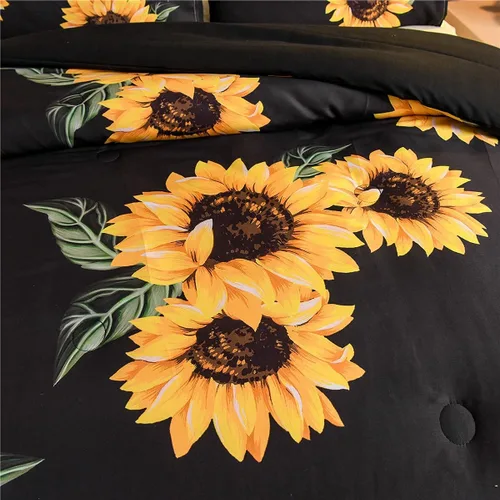 Vista 3 de NTBED Juego de edredón de girasoles negros, tamaño Queen, color amarillo, floral, botánico, edredón de microfibra de 3 piezas para niñas
