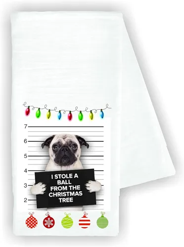 Kitchen dish towel I stole a ball from the Christmas Tree Pug dog pet funny cute Kitchen Decor drying cloth…100% COTTON