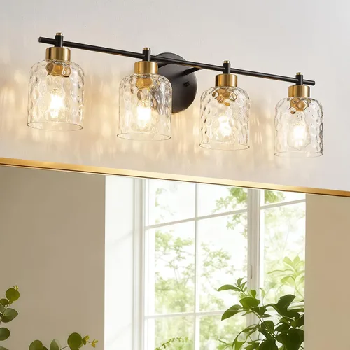 Vista 11 de Accesorios de iluminación de baño de 2 luces negro y dorado, iluminación de tocador de granja sobre espejo con vidrio martillado, luces de tocador