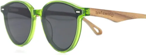Vista 3 de Gafas de sol transparentes verdes redondas, lentes grises polarizadas, lentes rectas, patillas de madera, ligeras, cómodas y de moda, acabado