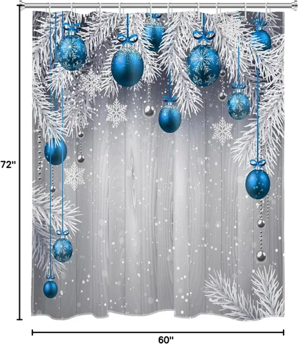 Vista 7 de HVEST Christmas Ball Shower Curtain, Blue Christmas Ball with Silver Pine Tree on Grey Board Bathroom Shower Curtain with Hooks, Snow Snowflake