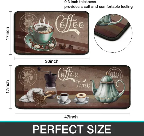 Vista 3 de Juego de 2 alfombras decorativas de café, antideslizantes, lavables, absorbentes, de microfibra para el suelo de la cocina, de 17"x47" + 17"x30
