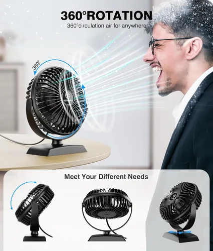 Vista 4 de JZCreater Ventilador de escritorio USB, ventilador USB Mini, ventiladores de escritorio de rotación 360 con 3 velocidades, ventilador