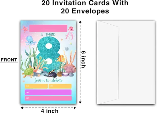 Vista 2 de Invitaciones para fiesta de cumpleaños número 8 con sobres (4 x 6 pulgadas), paquete de 20 unidades, invitaciones para fiesta de cumpleaños