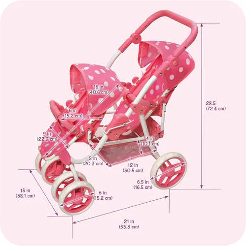 Vista 4 de Badger Basket Cochecito de muñeca doble reversible con lunares para muñecas de 16 pulgadas - rosa/lunares con asientos extraíbles