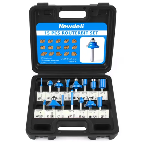 Newdeli Juego de brocas para enrutador, vástago de 1/4 de pulgada, 15 piezas, brocas de carburo de tungsteno, herramienta de carpintería para