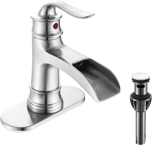 FRANSITON Grifo de cascada para baño, una sola manija, un agujero, acabado de níquel cepillado, grifos de lavabo grandes (níquel cepillado)