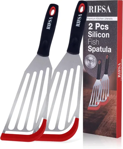 Juego de 2 espátulas de pescado de acero inoxidable con puntas de silicona resistentes al calor, diseño antiarañazos para utensilios de cocina