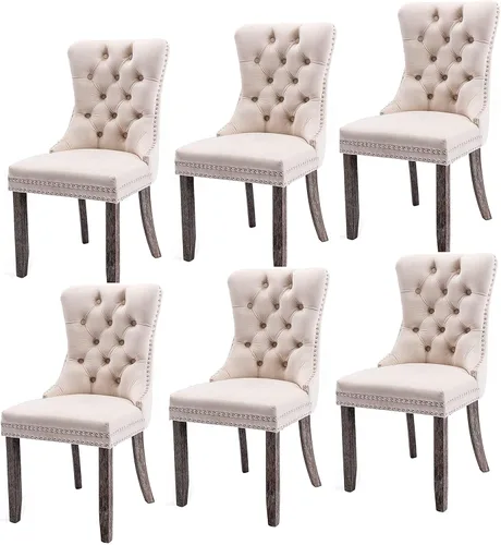 Vista 149 de Juego de 2 sillas de comedor modernas para sala de estar, cocina, patas de madera maciza, cojín acolchado de tela de lino, asiento y respaldo