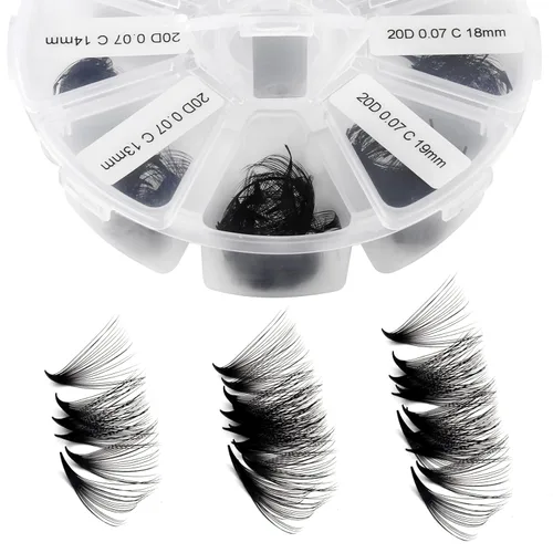 Vista 16 de Extensiones de pestañas de 1200 fans, prefabricadas, con volumen, 9-20mm, bandeja mixta, 20D, con punta en C, base puntiaguda, extensiones
