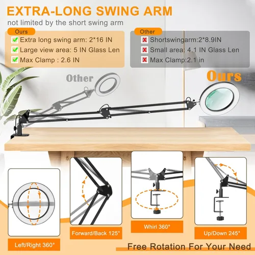 Vista 4 de Lupa grande de 10 veces con luz, lupa iluminada con soporte de cristal real de 5 pulgadas, 3 modos de color, lámpara de escritorio con lupa LED