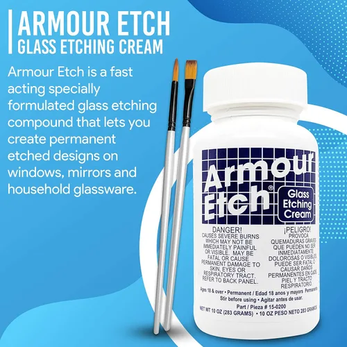 Vista 3 de Armour Etch - Kit de crema para grabado de vidrio, crea diseños grabados permanentemente, peso neto de 10 onzas, incluido con cepillos de aplicación