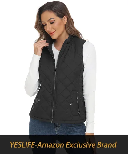 Vista 6 de YESLIFE Chaleco de moda para mujer con un bolsillo interior cuello alto ligero con cremallera acolchado para mujer