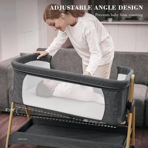 Vista 5 de ANGELBLISS Cuna para bebé, cama de noche, fácil de plegar con colchón transpirable y lavable, cuna portátil ajustable de 6 niveles para dormir