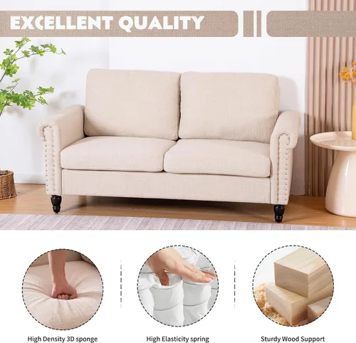 Vista 6 de J.C.UP Sofá biplaza de 57 pulgadas, sofás pequeños para sala de estar con tela de lino, cómodo sofá de dos plazas tapizado para dormitorio con patas